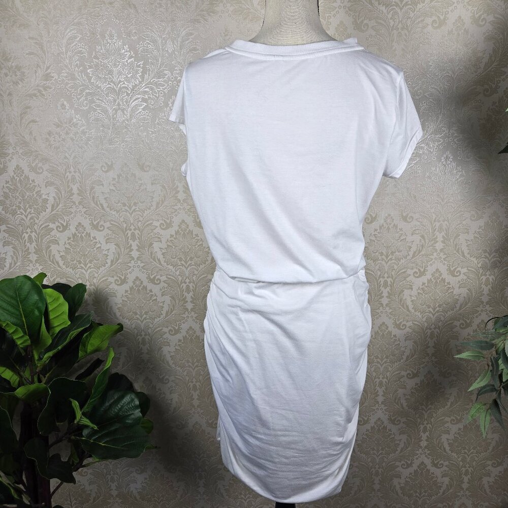 Athleta Size Large White T-Shirt Jersey Knit Dress Ruched Skirt Casual V-Neck - Picture 9 of 16